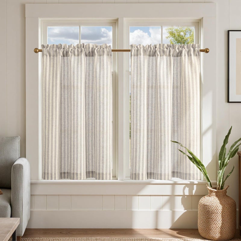 jinchan Striped Linen Kitchen Curtains 36 Inches Tier Curtains Farmhouse Modern Cafe Style Small Window Treatments Airy Light Filtering Rod Pocket for Living Room Bathroom 2 Panels Taupe Grey - Image 1